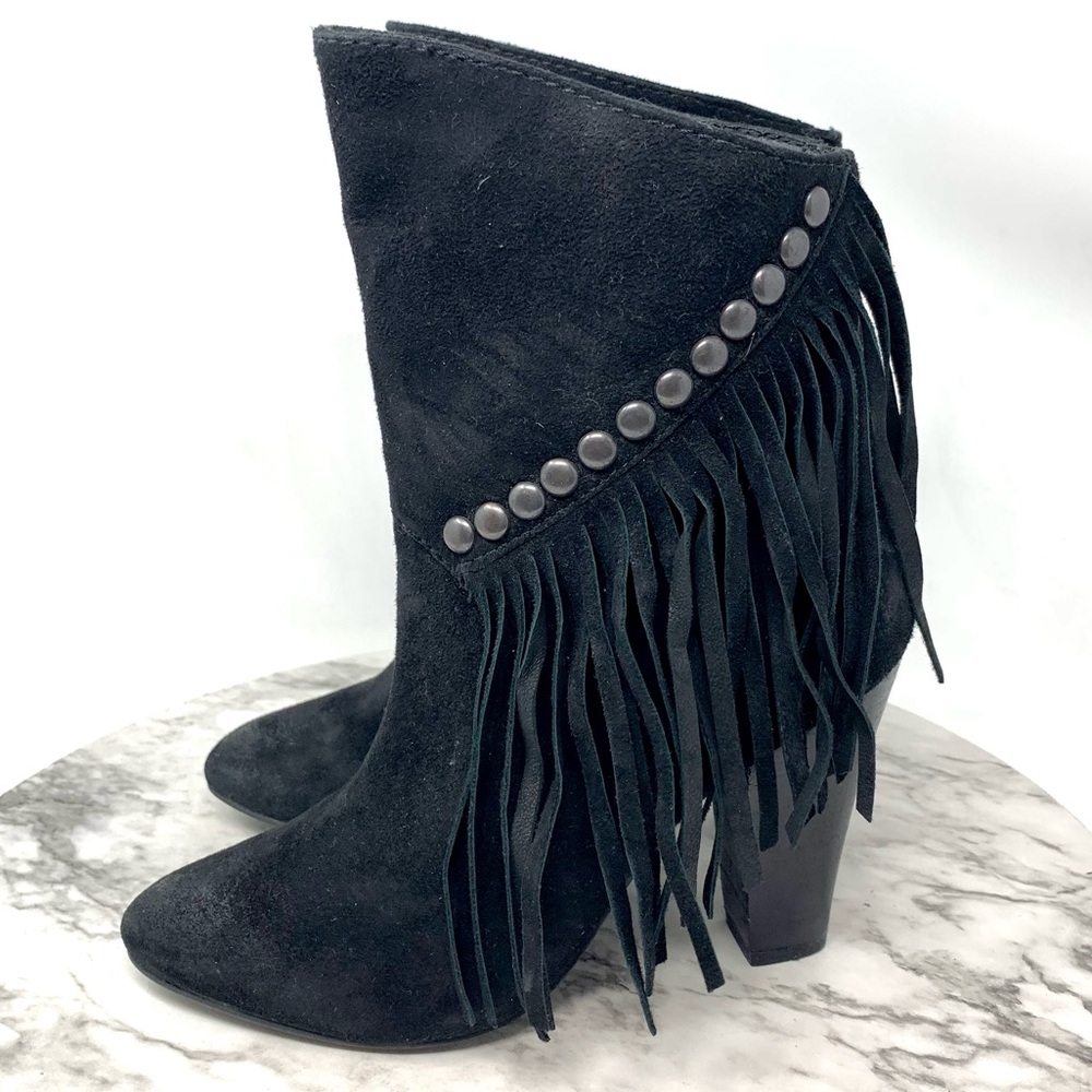 Steve Madden Tootles Fringe Stud Heeled Suede Booties 6 Western Moto Bohemian - Picture 3 of 15